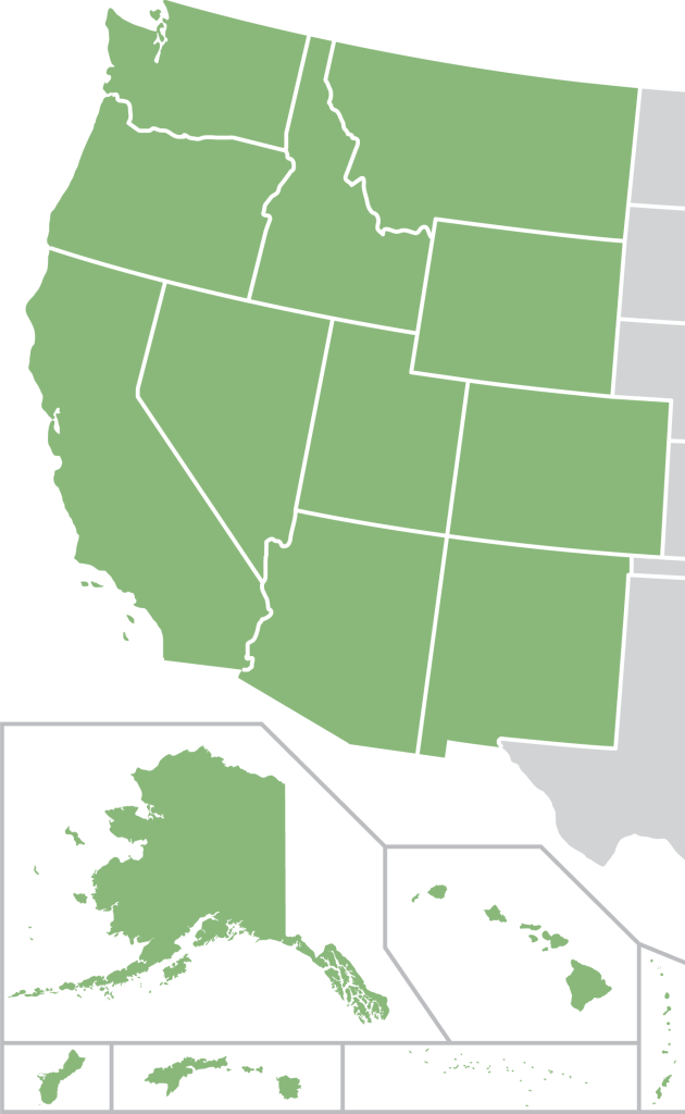 A map with the Western Region highlighted in green: California, Oregon, Washington, Nevada, Idaho, Utah, Arizona, New Mexico, Colorado, Wyoming, Montana, Alaska, Hawaii, Guam, American Samoa, Micronesia, Guam, and the Northern Mariana Islands.