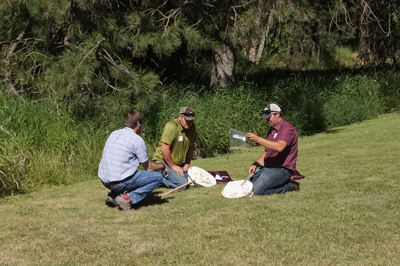 People with sweep nets sit on grass and chat.