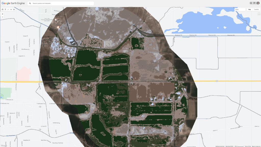 The study area with color-coded areas for fields, weeds and other areas.