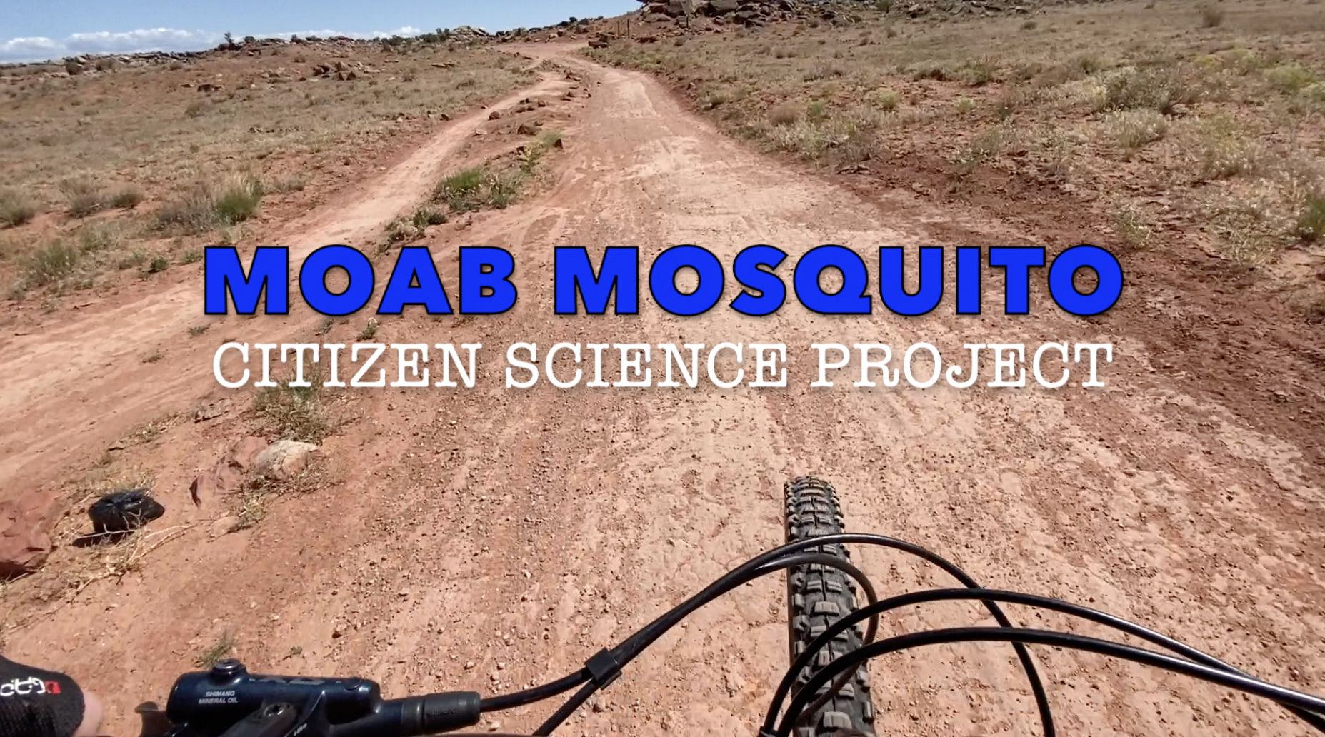 A dirt road viewed from the top of a bike. Superimposed on the picture are the words, "Moab Mosquito Citizen Science Project."