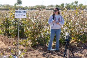 Macey Keith stands in front of cotton fiewld with a small microphone in front of her. A sign in front of the field says "Organic Cotton."