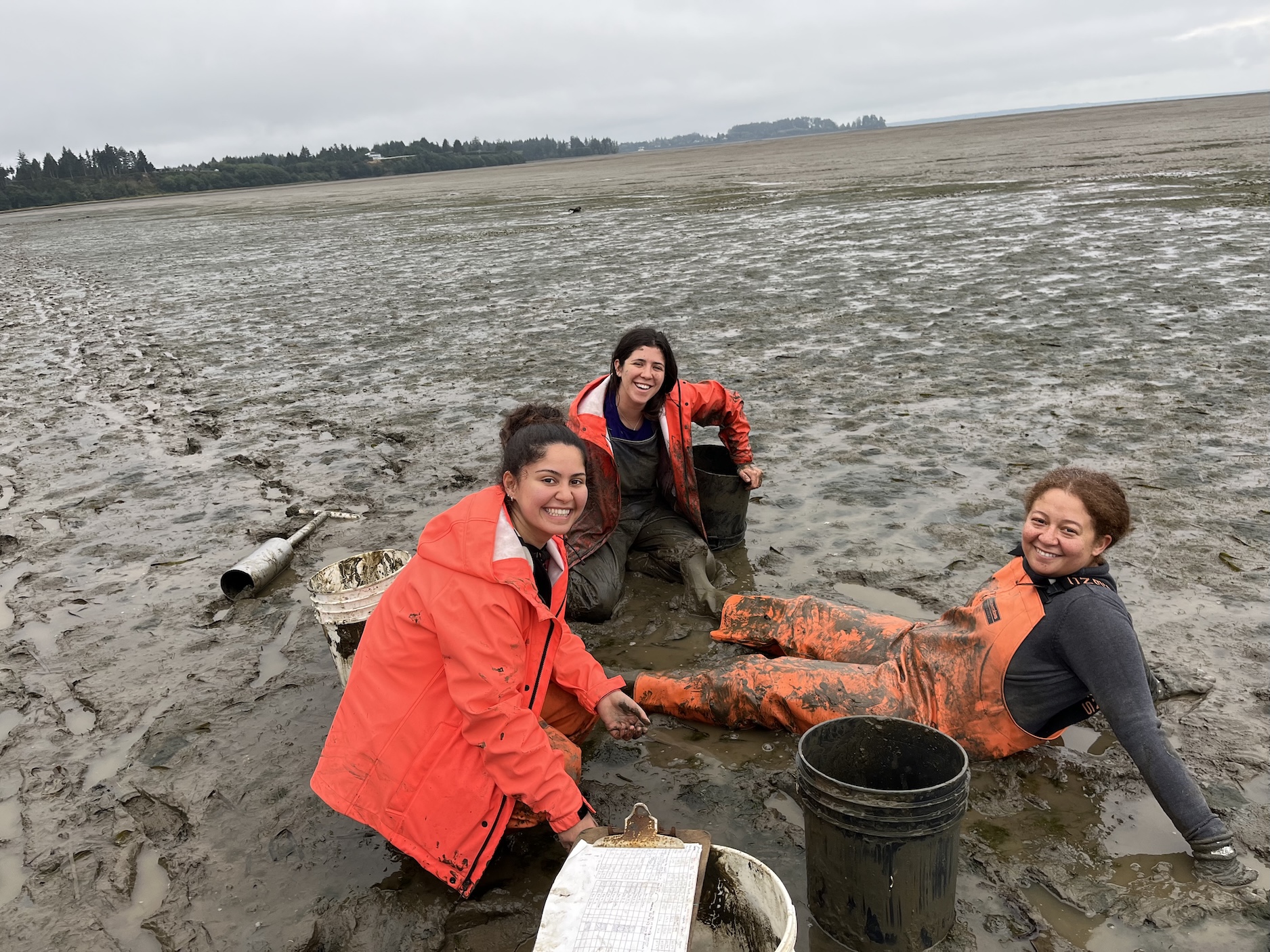 Elissa Khodikian, Emma Guerrini Romano and Andrea Durant smile at the camera as they kneel or sit in mud in the mudflat. There are 5-gallon buckets and a clipboard nearby.
